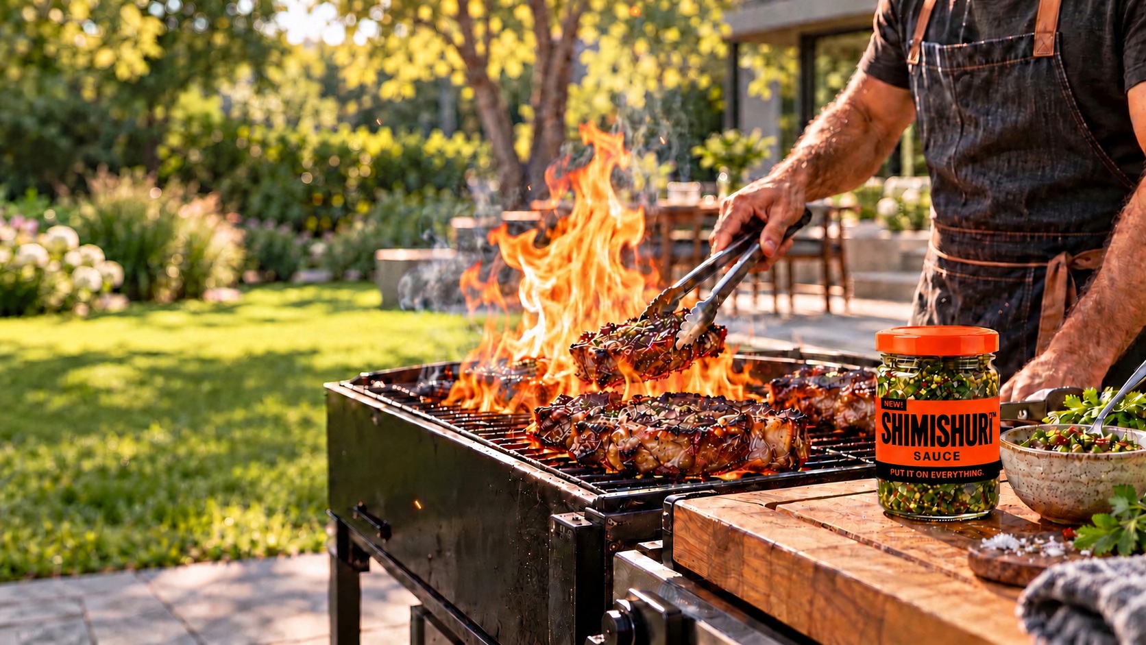 A cook grilling steaks over a dramatic flame in a sunny landscaped backyard, with Shimishuri™ sauce beside the grill
