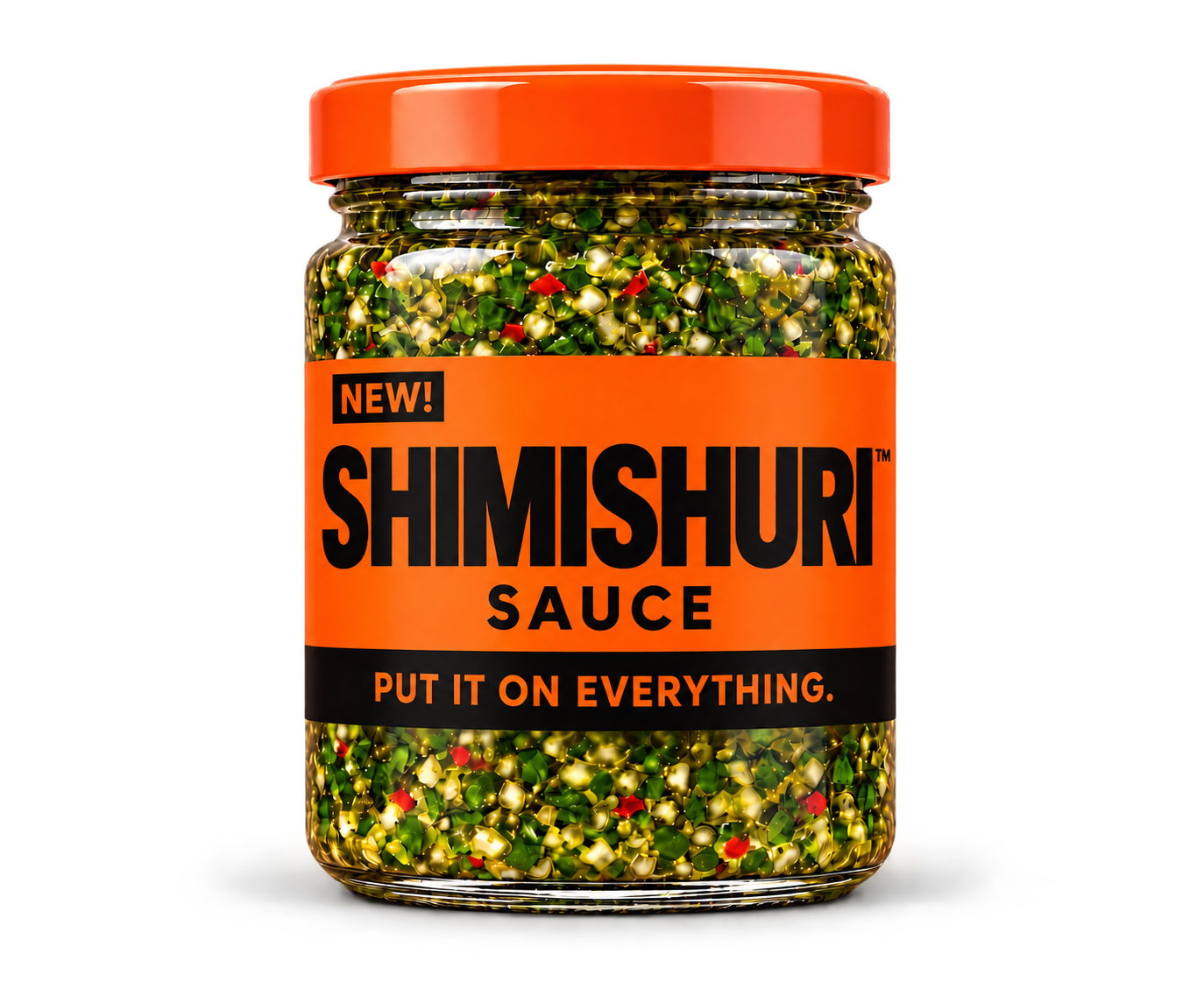 Shimishuri™ Sauce jar with an orange lid, orange label, NEW! flag, and black lettering